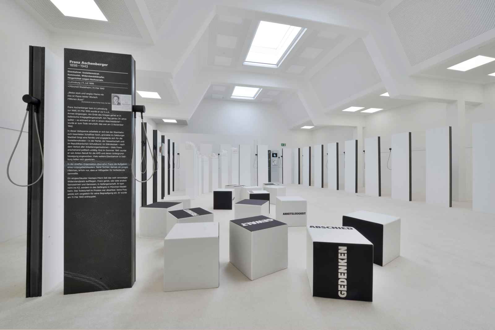 white cube - weißer Raum mit Biografiestelen und Sitzwürfeln